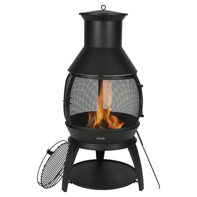 VEVOR 22 In Chiminea Outdoor Wood Burning Iron Firepit with Grill Mesh & Chimney Coat