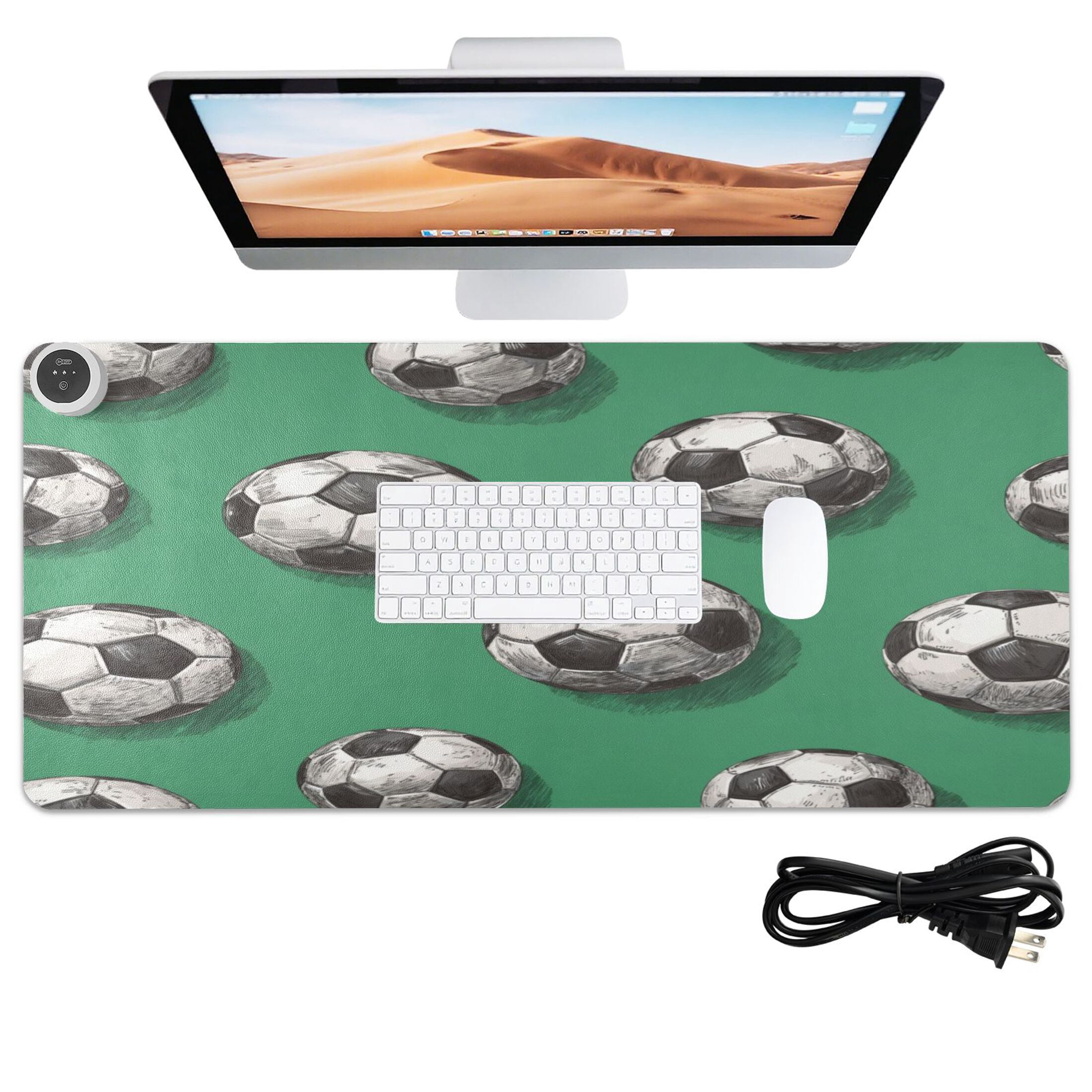 Large Heated Desk Mat Mouse Pad 31.5"x13"PU Leather Graphene Heating Desk Warmer with 3 Temperature Settings 110V US Plug Non-Slip Warm Pad for Home, Office, and Gaming Retro Football Pitch Print