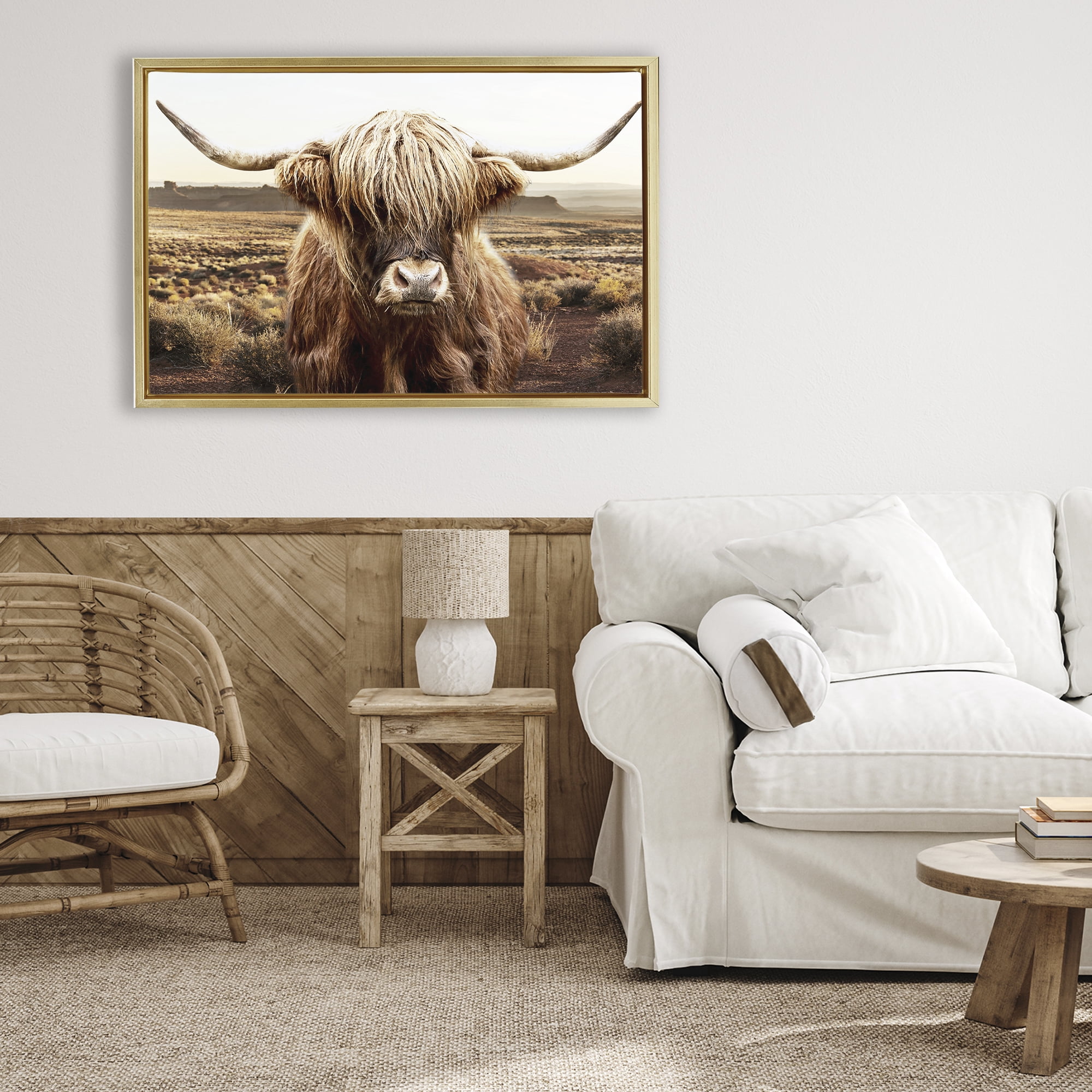 Stupell Industries Rugged Vegetation Cattle Portrait Gold Framed Floater Canvas Wall Art, design by CAD Designs