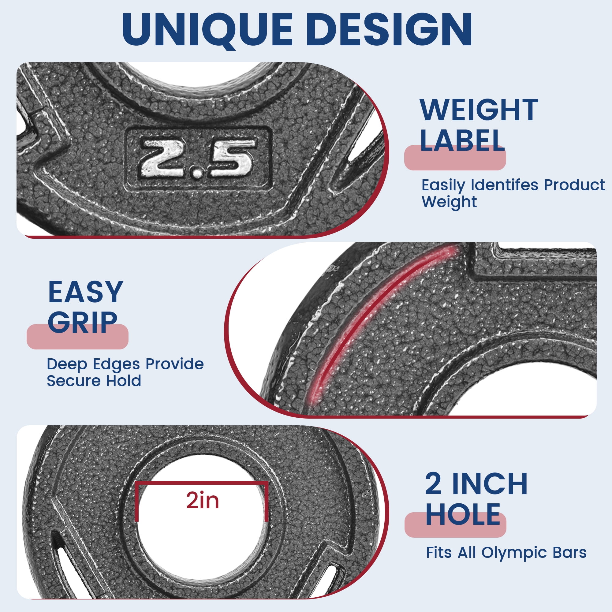 FlexWave Cast Iron Weight Plates, 2" Center Hole, Pair Set with 3-Grip Handles, Gray Rust-Resistant Finish