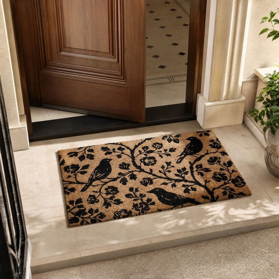 Halloween Door Mat, Natural Black Floral Bird Coir Doormat 29.5" x 47.2", Vintage Fall Outdoor Entrance Mat for Front Door