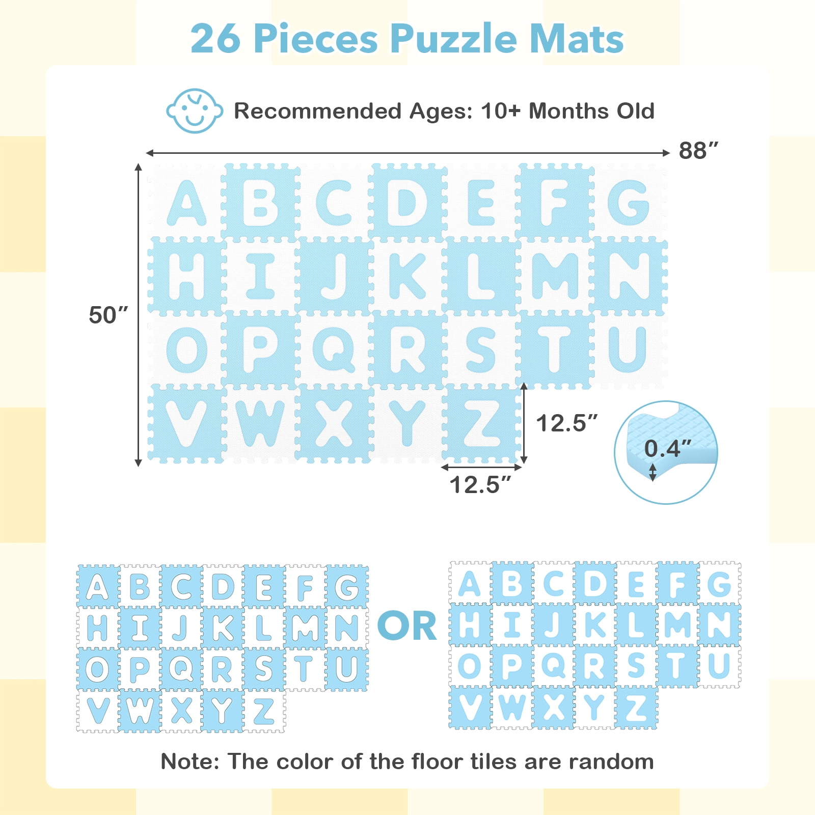Gymax 26 PCS 12 5'' x 12 5'' Interlocking ABC Play Mats w/Detachable Letters for Kids Blue & White
