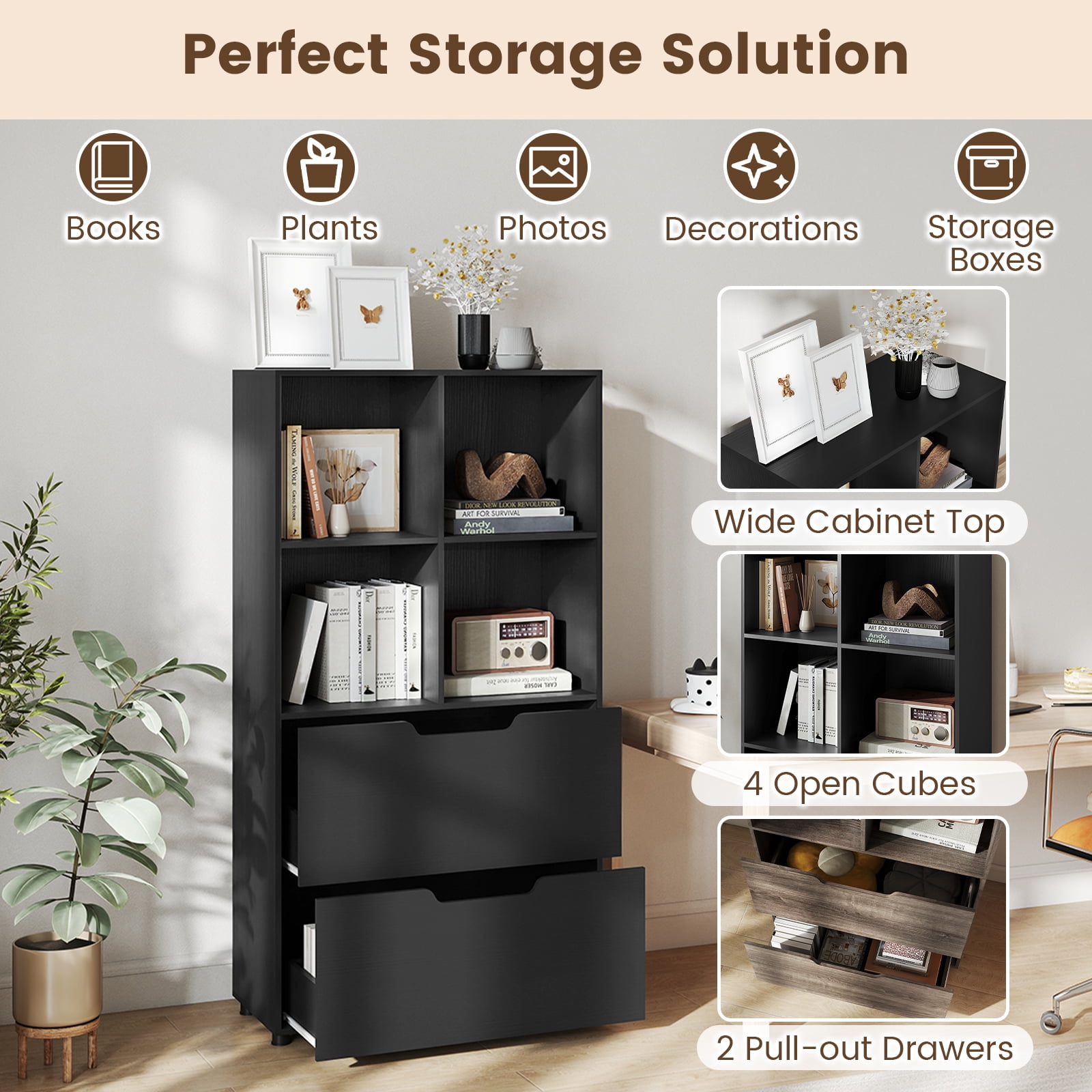 Costway 2PCS 51” 5-Tier 4-Cube Bookcase with 2 Drawers for Living Room, Study, Home Office Black