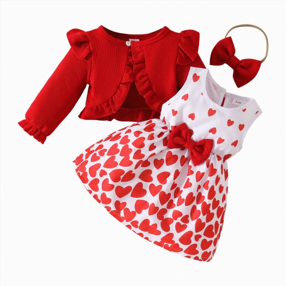WUANDIXFA Toddler Fall Outfits for Girls Toddler Girls Cute Bow Floral Print Sleeveless Dress and Ruffle Cardigan Set 3 Piece Outfits,Red,6-9 Months