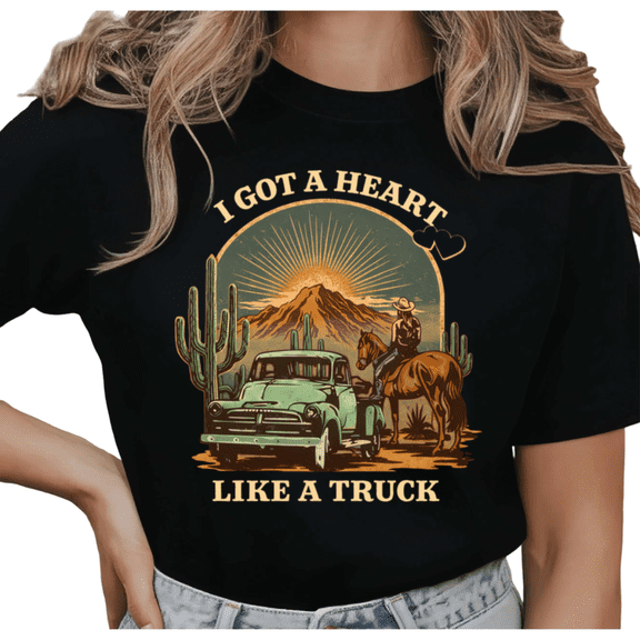 UNISHE Women's "I Got A Heart Like A Truck" Western Desert Graphic Short Sleeve T-Shirt Casual Cotton Crewneck Top