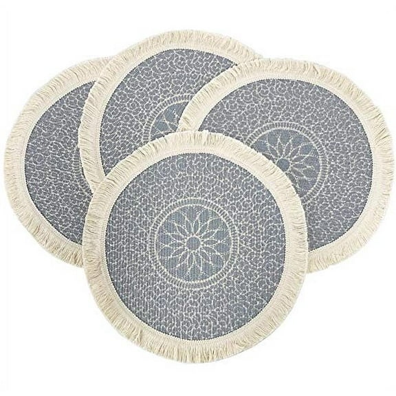 Fennco Styles Unique Dream Catcher Fringe Cotton Placemats 14-inch Round, Set of 4 - Blue-Grey Decorative Boho Table Mats for Home Decor, Dining Table, Banquets and Special Events