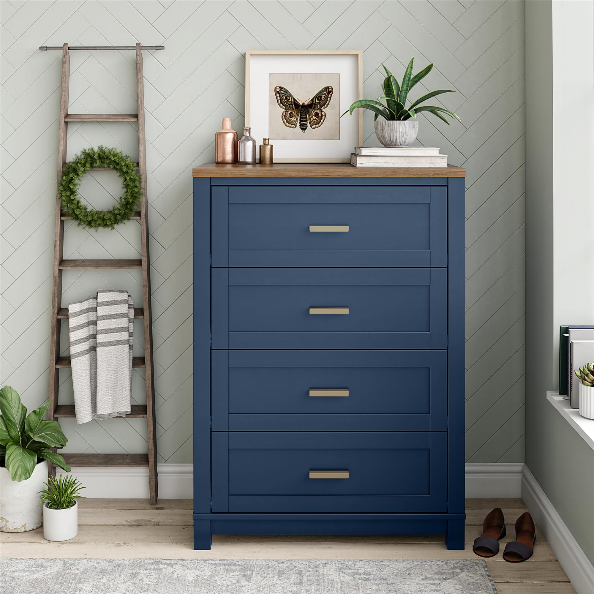 Ameriwood Home Josiah 4 Drawer Dresser, Navy with Walnut top