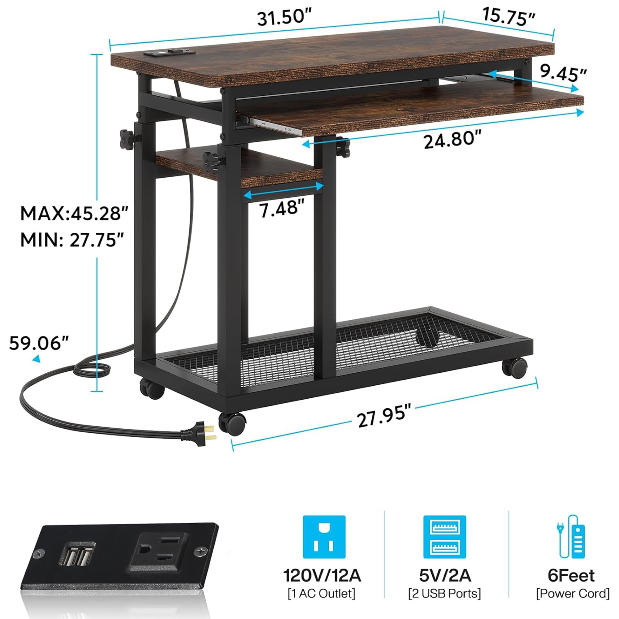 KIOOTTO Height Adjustable C-Shaped Mobile Desk with Power Outlet, USB Ports, Keyboard Tray and Wheels, Rustic Brown