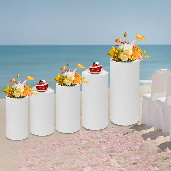 5pcs Cylinder Pedestal Art Decor Stand White Metal Cylinder Pedestal Display Stand Dessert Table Display Pillars for Wedding, Birthday, Banquet, Anniversary Celebration Decoration