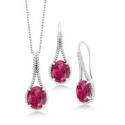 Gem Stone King 925 Sterling Silver Oval Red Created Ruby Pendant and Earrings Jewelry Set For women (15.00 Cttw, With 18 inch Silver Chain)