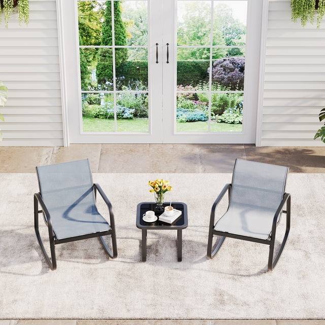 3-Piece Rocking Outdoor Bistro Set, Rust-Proof Metal Frame & Breathable Textilene Mesh, Space-Saving Patio Furniture for Balcony, Garden and Yard