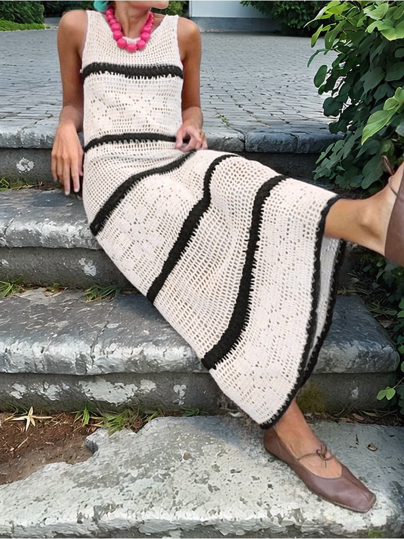 crochet knit beach midi dress in white Womens Sleeveless Casual Summer Crew Neck Boho Vacation Dresses XL Tea Affair by Maria.B | Unstitched Embroidered Chiffon Collection - 2026