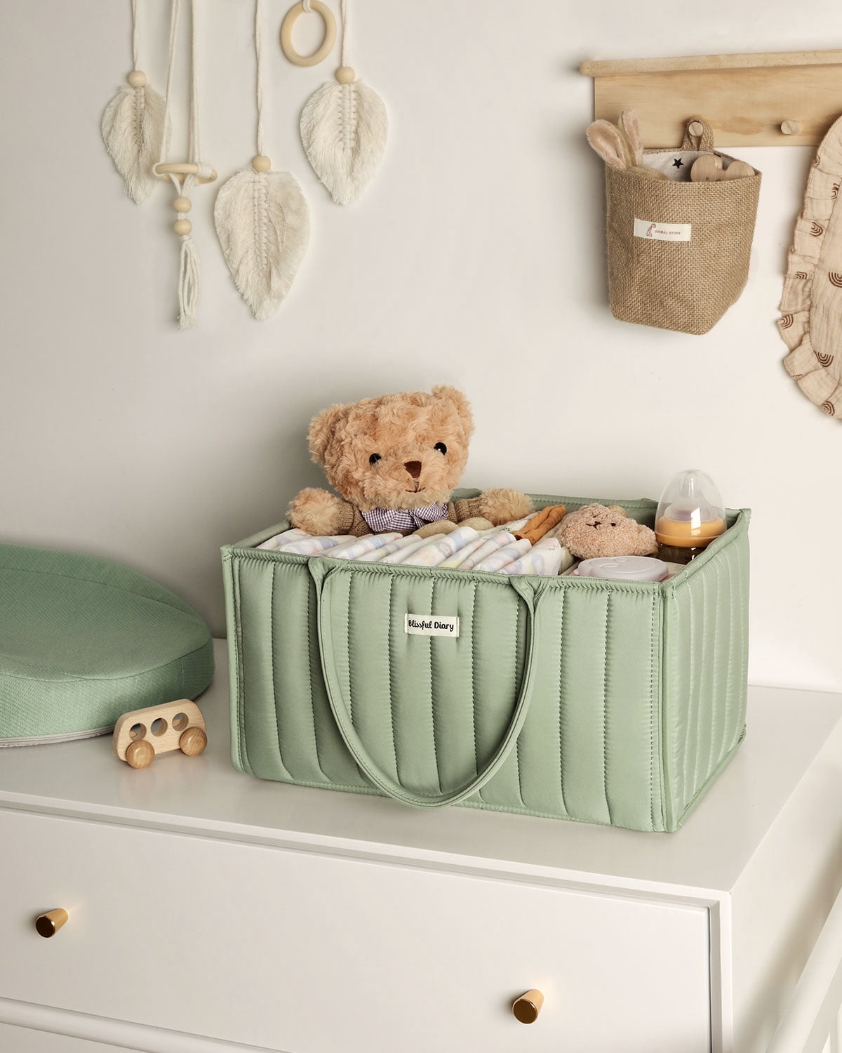 Blissful Diary Diaper Caddy Organizer,Baby Baskets for Baby Shower, Portable Nursery Changing Table Organizer, Diaper Bag, Infant Newborn Essentials Gift, Baby Registry Must Have, Sage Green