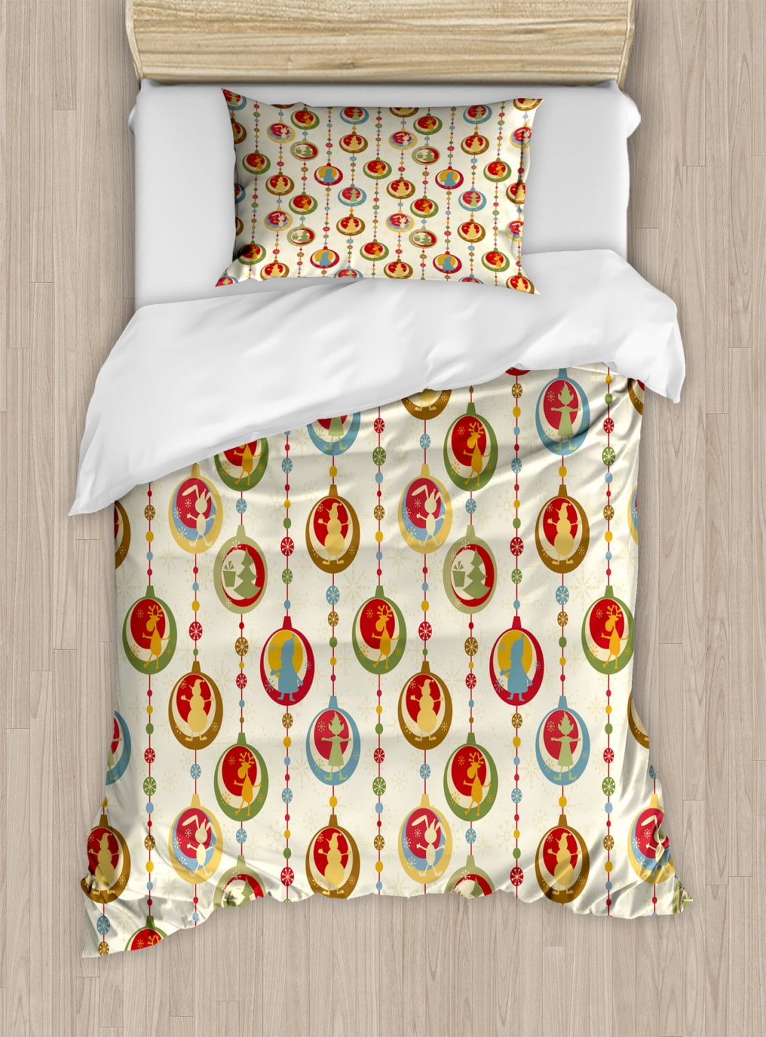 Christmas Twin Size Duvet Cover Set, Holiday Pendants with Colorful