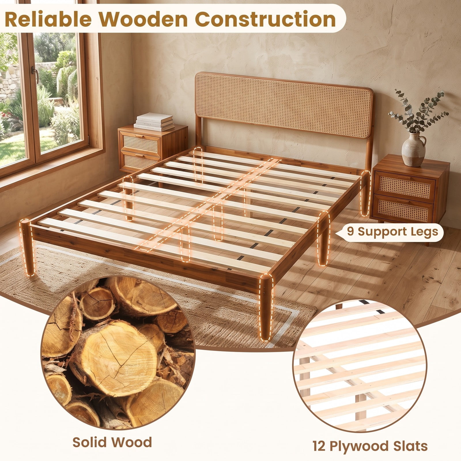 Furnibear Full Size Bed Frame with Storage, Boho Rattan Wood Platform Bed Frame with Acacia Slat Support, No Box Spring, Brown