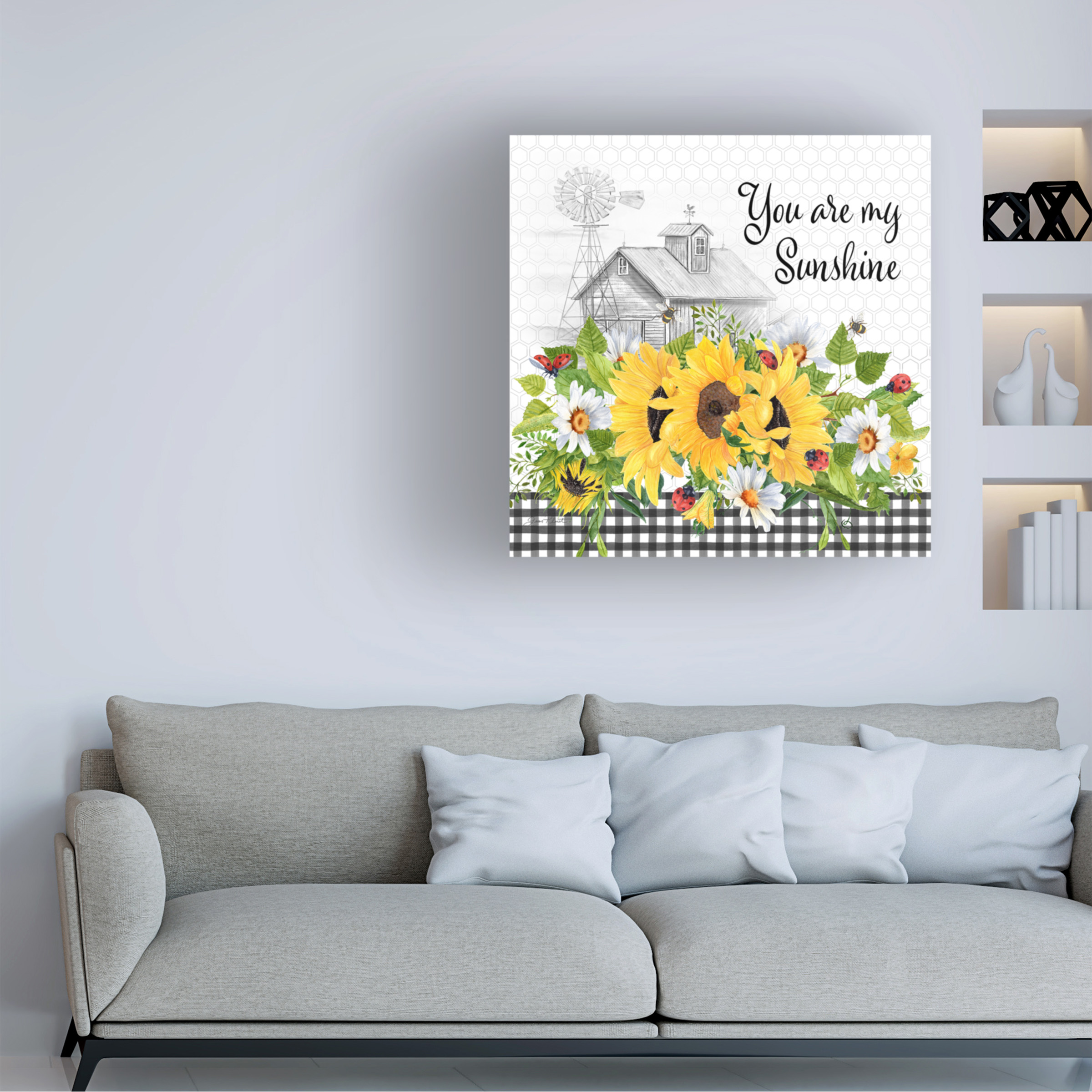 Canvas Wall Art - Jean Plout 'Sunflowers and Lady Bugs 5' Wall Art for Living Room, Bedroom, or Office DÃ©cor by Trademark Fine Art - 14 x 14 Inches