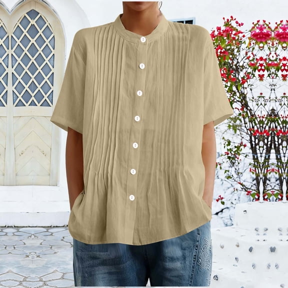HOMBOM Cotton Linen Shirts for Women Button Summer Solid Yellow Loose Short Sleeve Plus Size Womens T Shirts