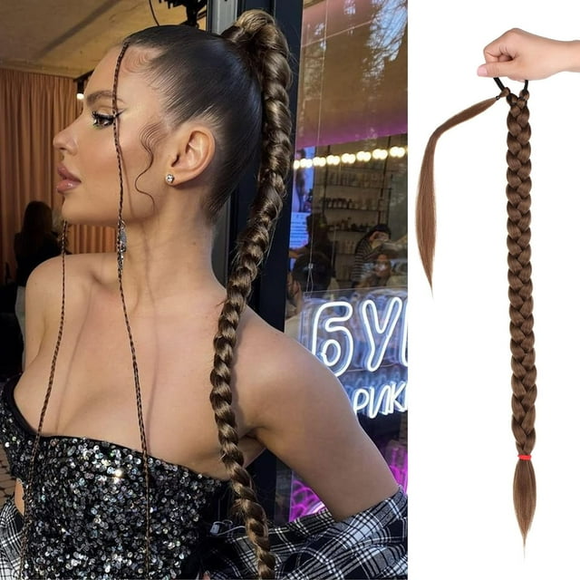 SURJDE Rui Yok Longue Queue de Cheval Naturelle Douce Pièce de Cheveux Synthétiques pour Femmes Usage Quotidien 30 Pouces Extensions de Cheveux Pré-Tressés avec Attache Droite Enveloppante (Brun+blond Fraise)