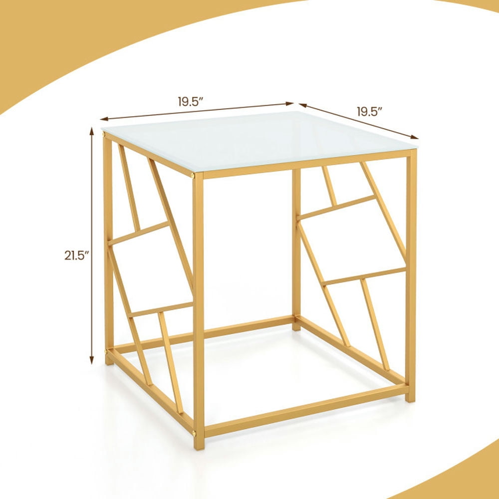 Finihen End Table, Tempered Glass End Table, Square End Table with Tempered Glass Tabletop and Gold Finish Geometric Frame, for Living Room, Bedroom, White & Gold Finihen End Table, Tempered Glass End Table, Square End Table with Tempered Glass Tabletop and Gold Finish Geometric Frame, for Living Room, Bedroom, White & Gold