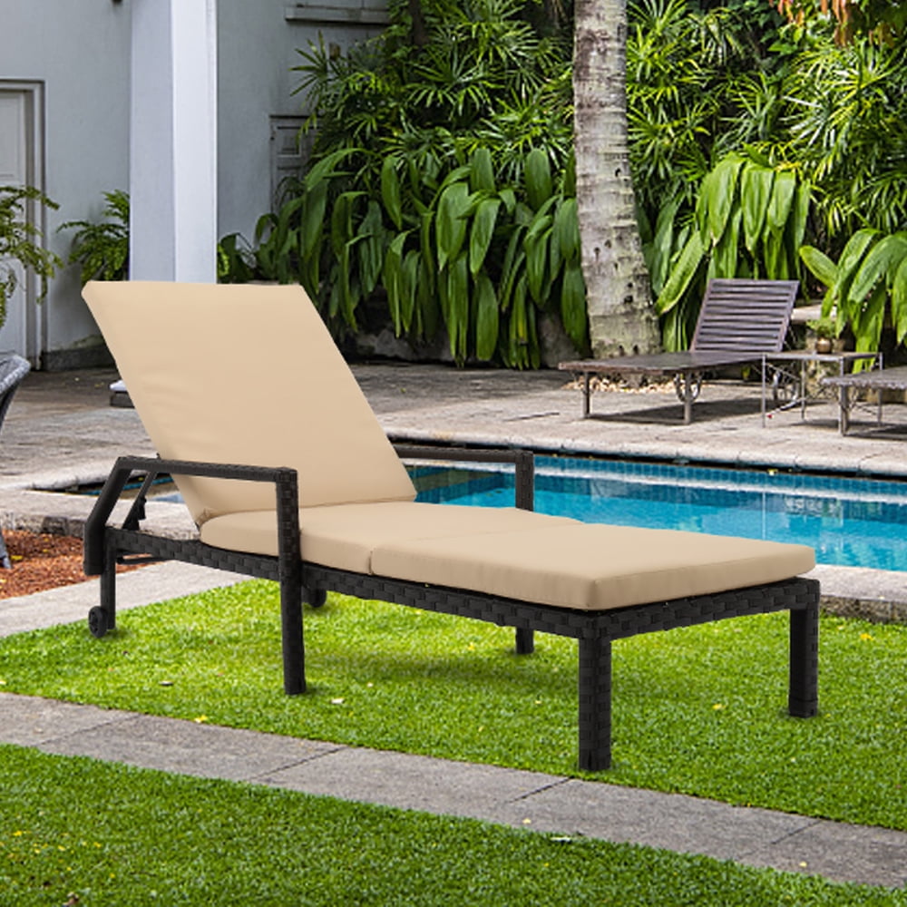 Chaise Lounges for Patio, Brown Wicker Outdoor Chaise Lounge Chairs with Adjustable Back&Beige 