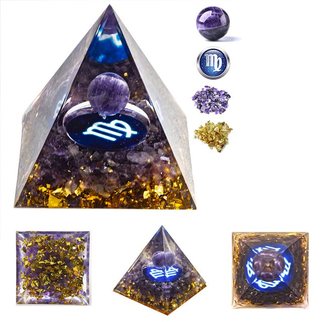Pyramid for Positive Energy, 1.96 Inch Amethyst Crystal Ball Handmade Pyramid, Protection Crystals Energy Generator for Stress Reduce Healing Meditation Attract Wealth Lucky