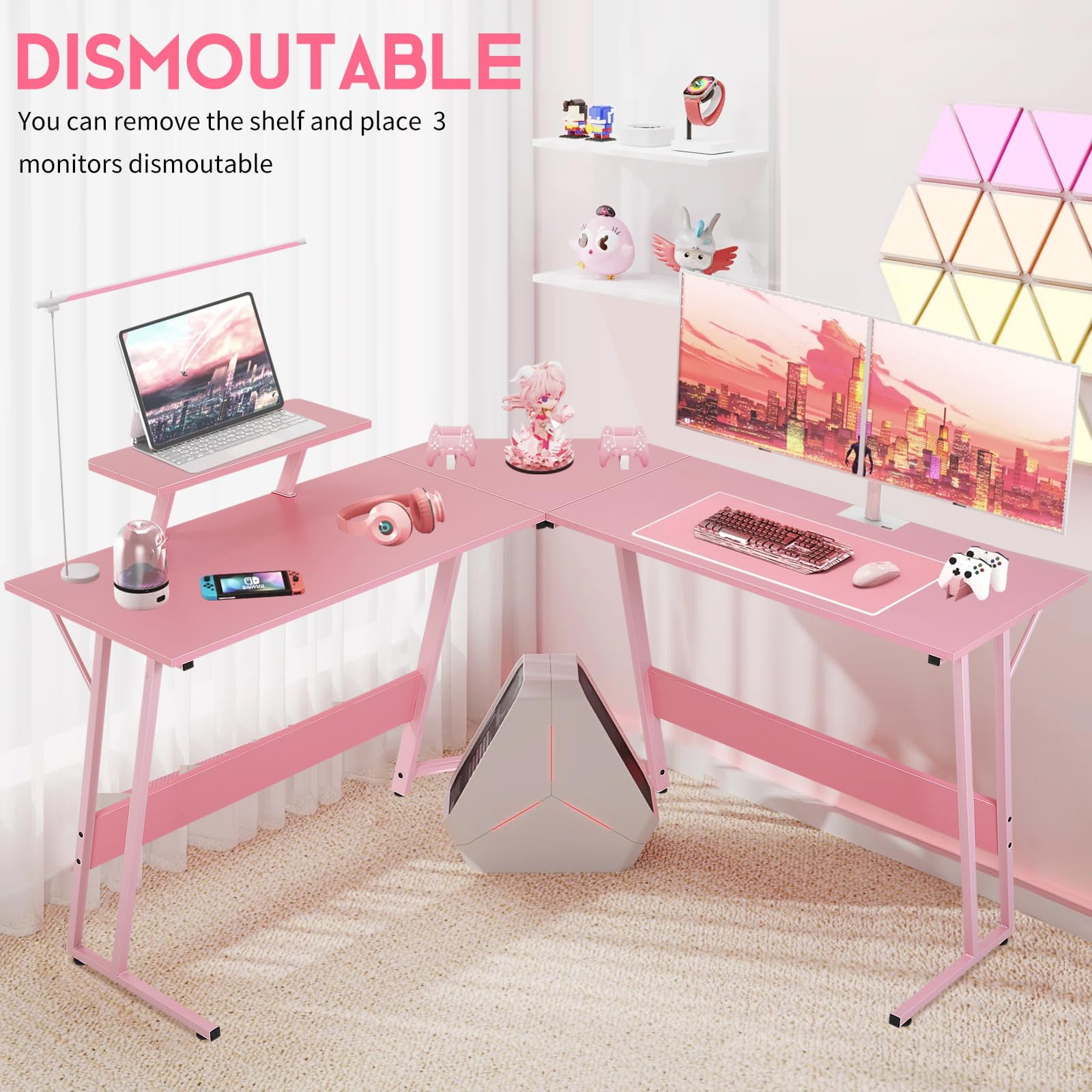 Shaped Gaming Desk 50 Inches Corner Computer Desk, Home Office Desk with Large Desktop Gaming Table for Home and Work Place,Pink