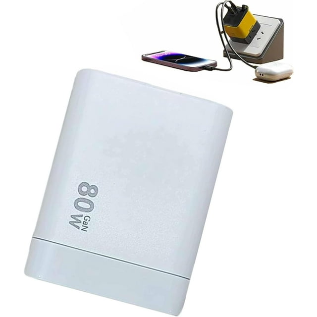 Competeend/Competence 3 in 1 Charger Retractable 80W MAX Fast, 3-in-1 GaN Charger, scalable 80W MAX Fast Charging Module with Type-C Cable and 2 USB Ports, for Smartphones/Tablets/Laptops (White)