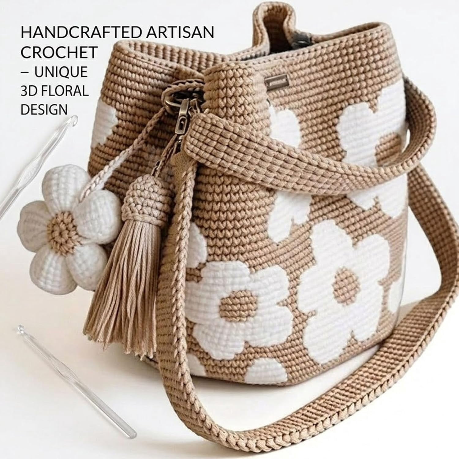 Handmade Crochet Flower Tote, Crochet Tote Bag for Women, Crossbody Mesh Knit Shoulder Bag with Cute Flower&Tassel Charm