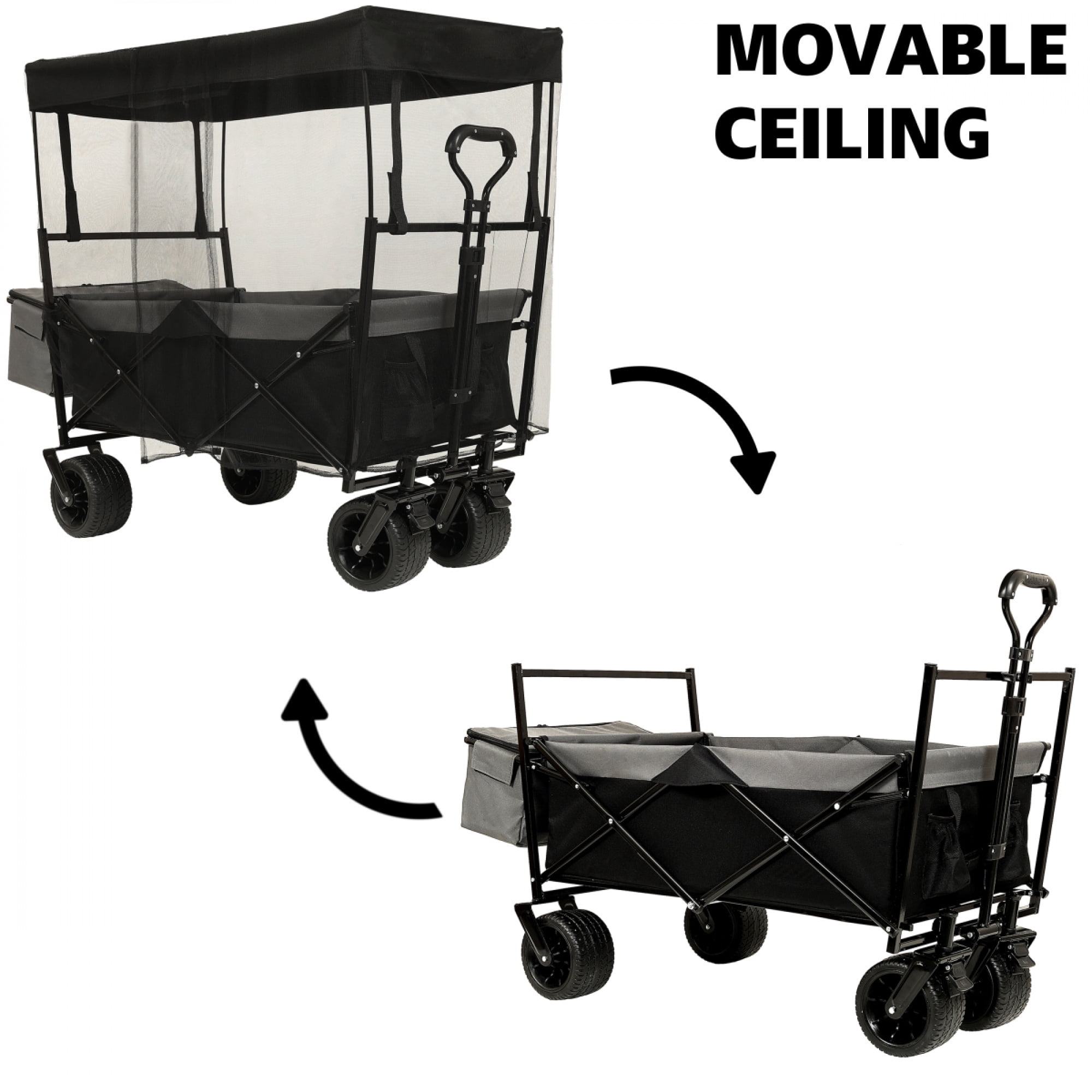 480Lbs Collapsible Wagon with Canopy, Wagon Stroller with 7" All-Terrain Wheels, Lightweight Foldable Large Capacity Wagon with Mosquito Net,Camping, Shopping, Sports & Garden Use,Black