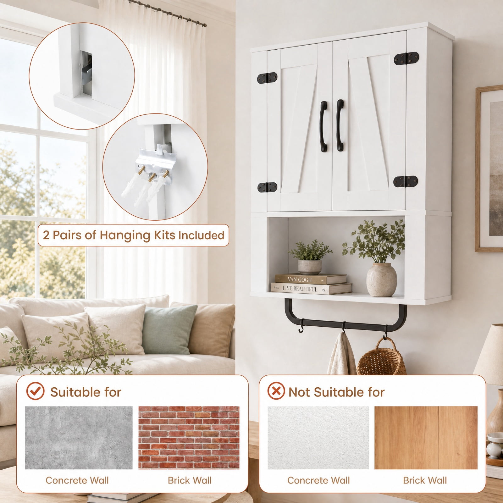 Vebreda Bathroom Wall Cabinet with 2 Sliding Barn Doors & Towel Bar, 3-Tier Farmhouse Wall-Mounted Storage Organizer with Open Shelves, White