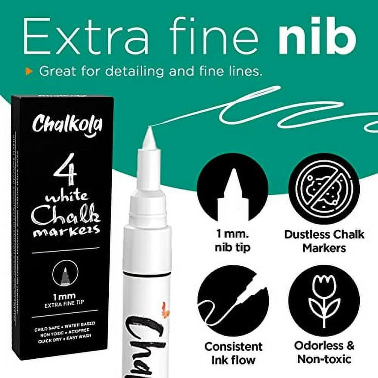 Chalkola Extra Fine Tip White Chalk Markers (4 Pack 1mm Point) Chalk Pens - White Dry Erase Marker Pen for Blackboard Chalkboards Windows Glass Bistro