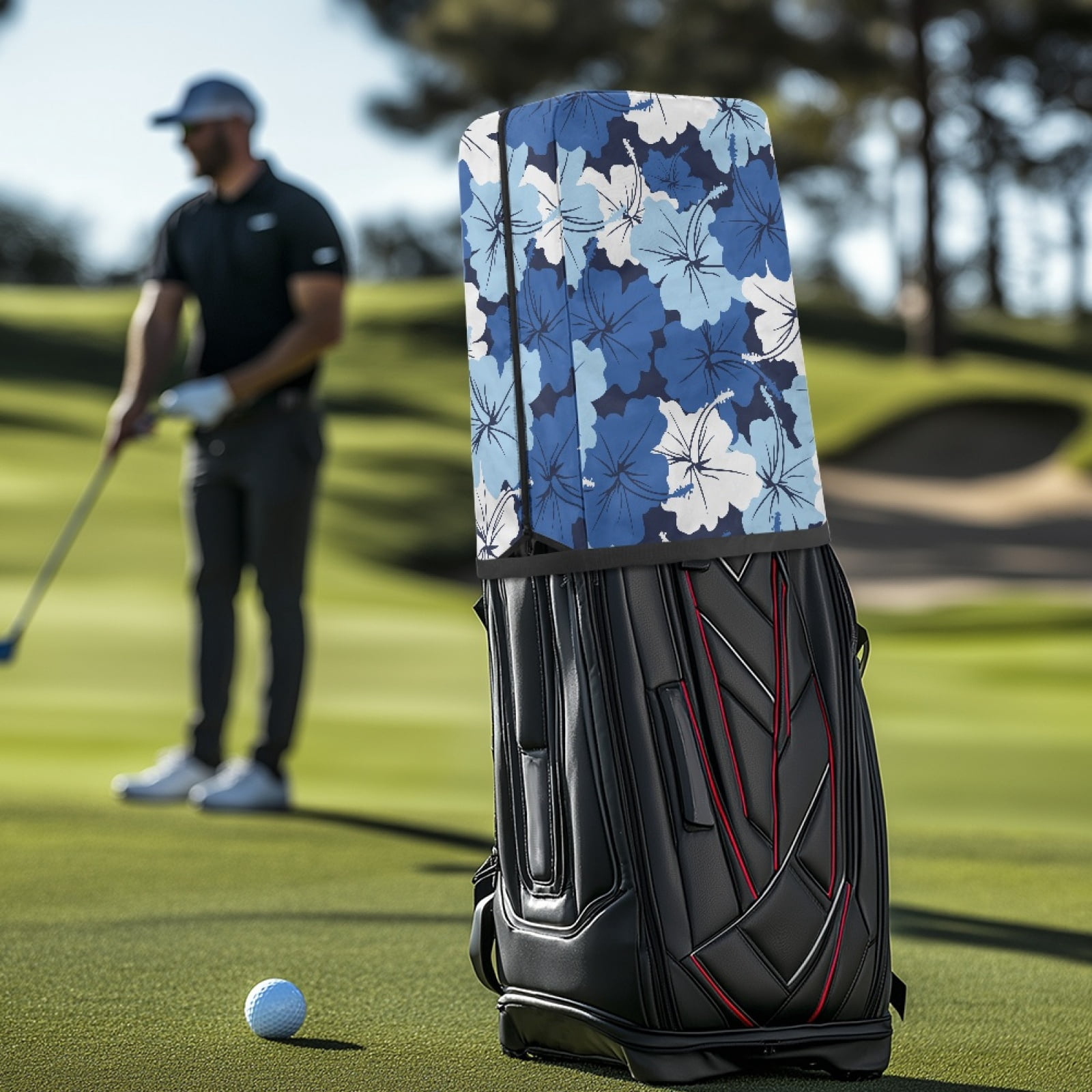 Yuyamidu Blue Hibiscus Golf Bag Cover Portable Golf Bag Rain Cover Floral Golf Caddy Bags Covers Golf Gifts for Women Universal Golf Club Bag Accessories