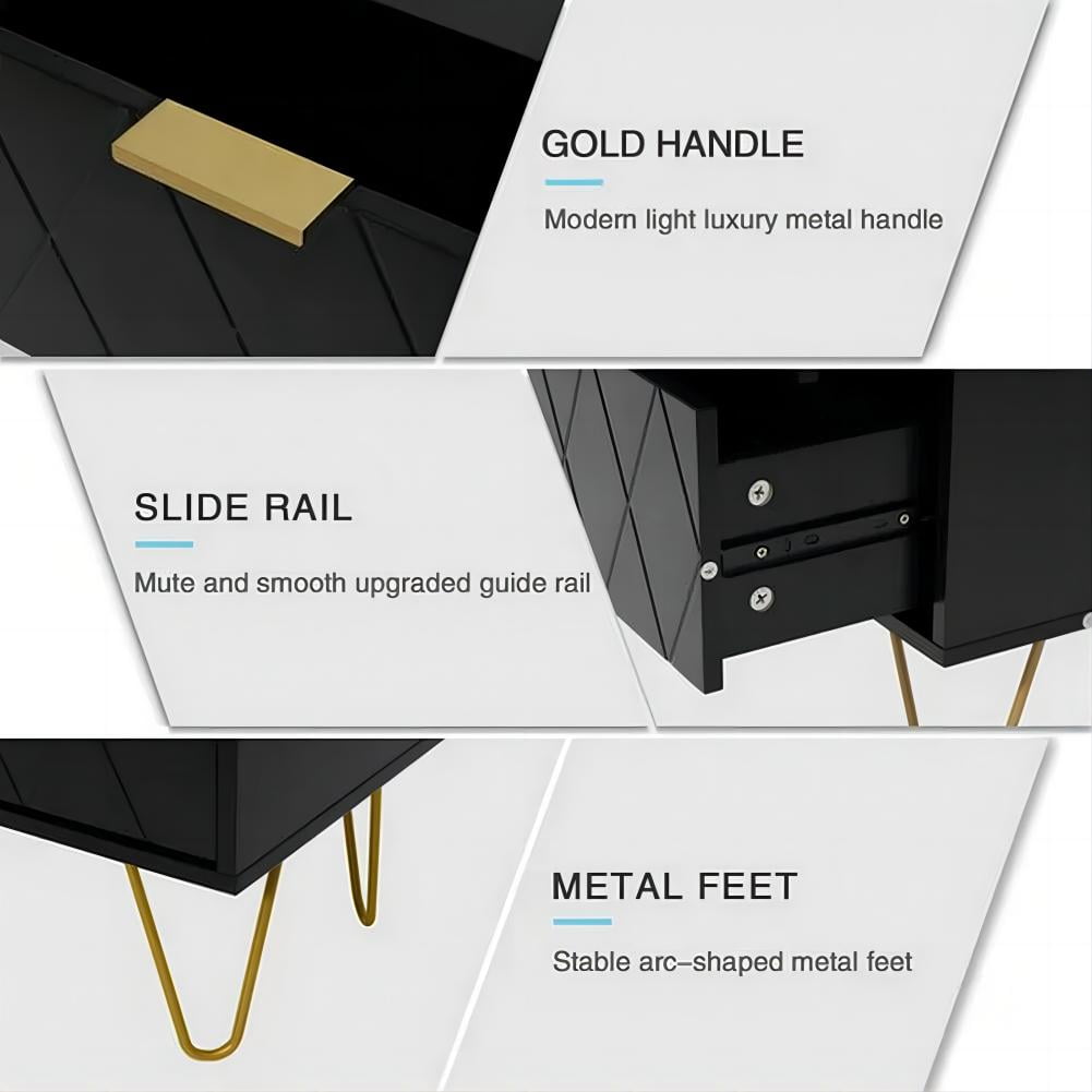 eclife Set of 2 Black Nightstand with 2 Drawers, Modern Bedside Table with Gold Handles for Bedroom or Living Room