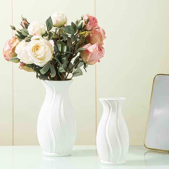 Plastic Decorative Vase | Ceramic-Look Striped Texture | Durable Lightweight Non-Fragile Centerpiece 8.9in White Flower Display Decor for Home, Office, Dining & Bookshelf