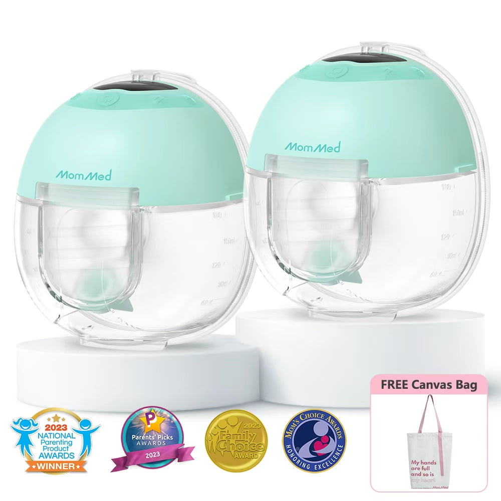 Mommed S33 Wearable Breast Pump, Ultra-Quiet in-Bra Pump for Work & Night, One-Tap Pause, Night Light, Leakproof, 4 Modes 9 Levels, 17/19/21mm Inserts (Green, 2 Pack)