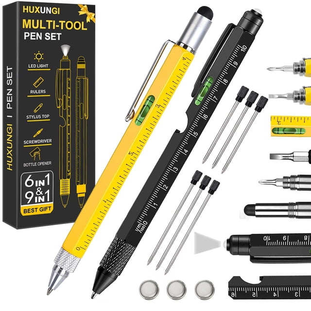 Set de bolígrafos multiherramienta HUXUNGI 9 en 1 con regla, nivel y LED