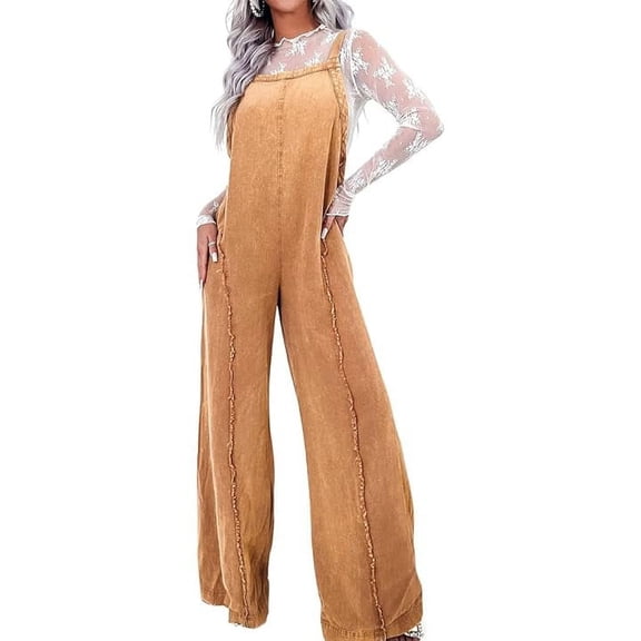 utcoco Women's Casual Denim Overalls Adjustable Straps Wide Leg Jumpsuit