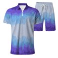 thumbnail image 3 of toraway Mens Suits Slim Fit 2 Piece Grey Casual Male Casual Striped Gradient Ramp Print Two Piece Suit Zipper Short Sleeve Top Blouse Suit Drawstring Pocket Short Set L, 3 of 4