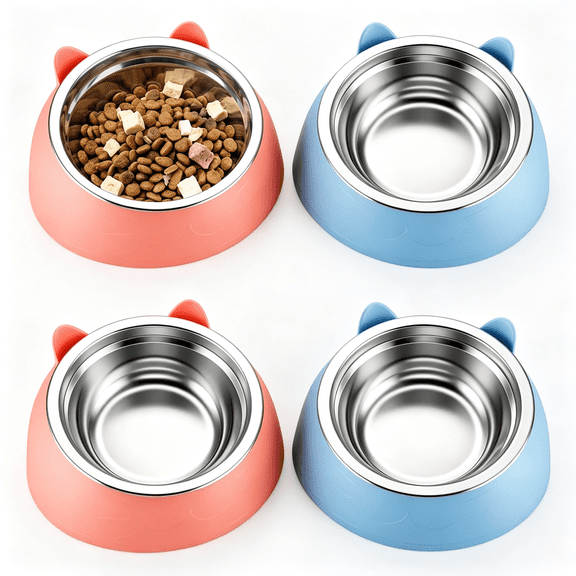 CCOCC 4 Pack Elevated Cat Bowls Raised Feeding Bowls Stainless Steel Anti Vomiting Cat Food & Water Dishes for Indoor Kittens Elevated Stainless Steel Cat Bowls (Pink,Blue)