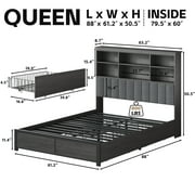 Lifezone Bookcase Beds Queen Bed Frame with Wooden Platform, Rustic Grey