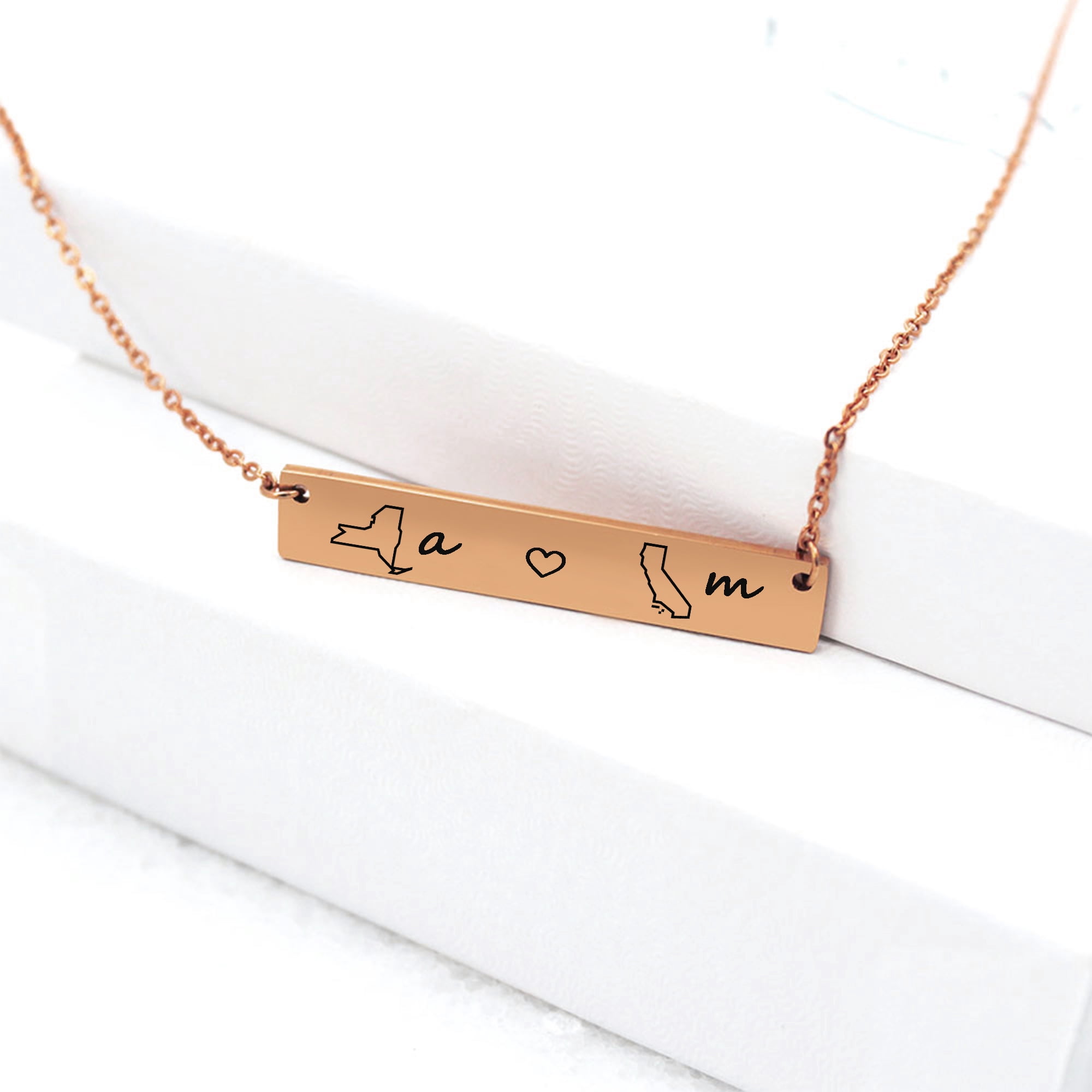 AsterOutdoor Stainless Steel Location Pendant Anavia Engravable Rose Gold Long Distance Bar Necklace