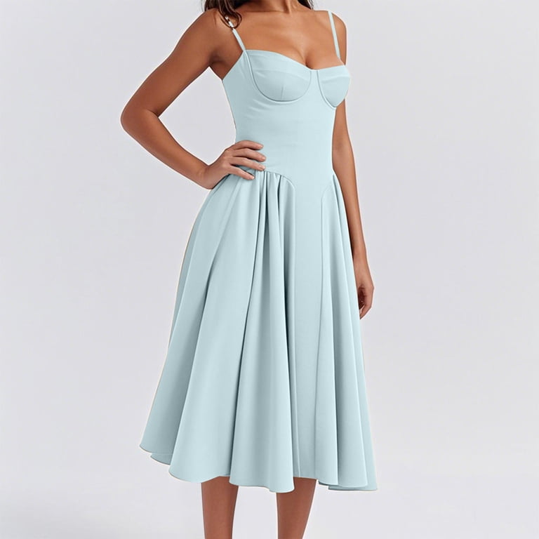 Aloohaidyvio Dresses for Women Womens Corset Dress Elegant Spaghetti Strap  Midi Dress Flowy Pleated Low Cut Prom Dresses with Pockets - Walmart.com