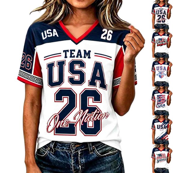 2026 New USA Soccer Jersey Women, United States Jersey Soccer, Jersey USA V Neck Short Sleeve Football Shirt, USA Flag Soccer Jersey for Adult(Watermelon Red, 2XL)