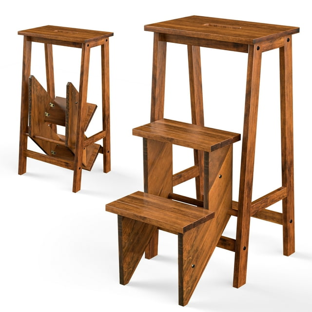 Giantex Step Folding Wooden Step Stool, Portable Anti-Slip Step Ladder, Foldable Wood Counter Staircase, Multifunctional Flower Shelf & Chair for Kitchen/Garage/Living Room/Library