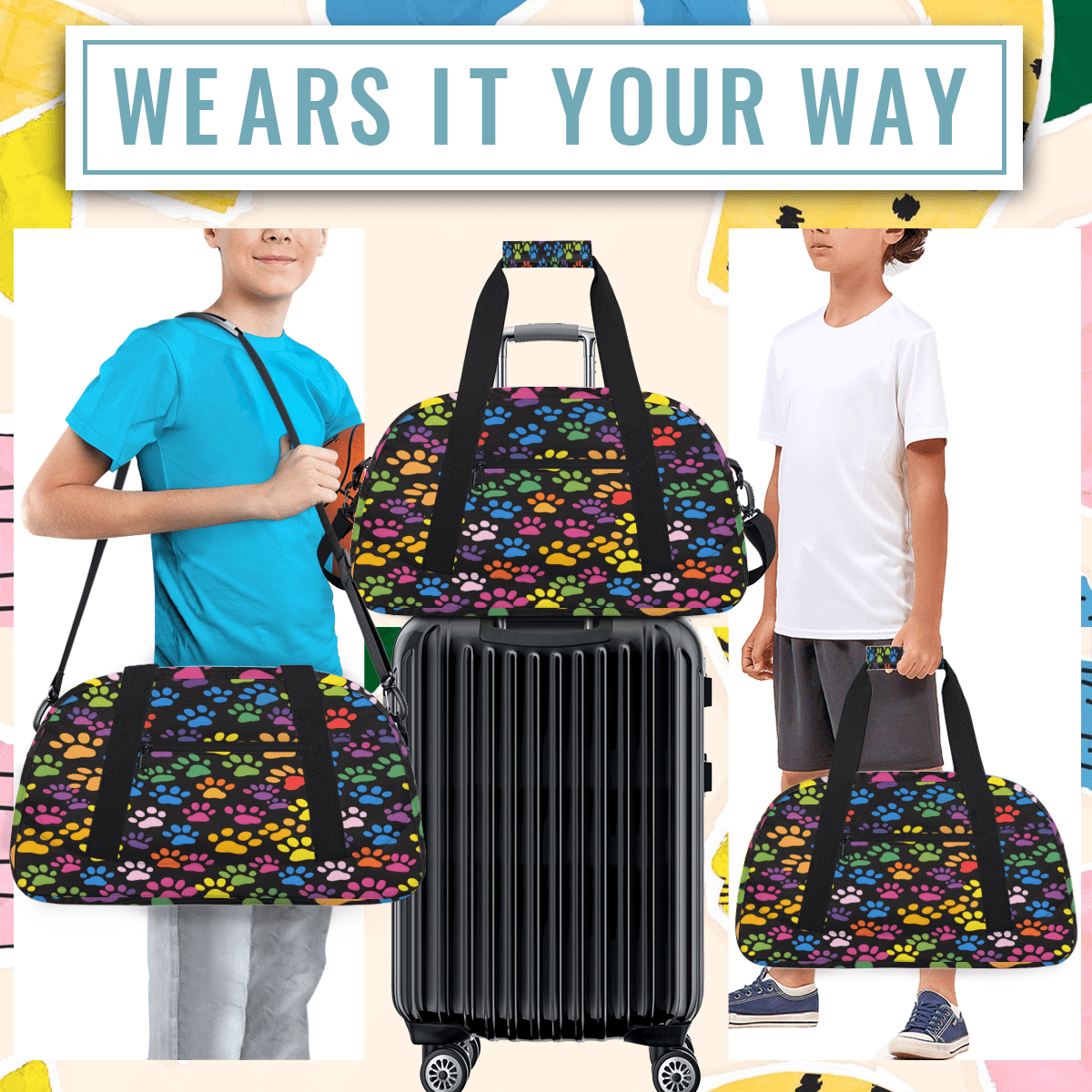 Herdesigns Sports Duffle Bags Travel Duffle Bag Gym Bag Paw Print Colorful Dog Paw Weekender Travel Bag Waterproof Overnight Bag Carry On Travel Tote Bag Dance Bags