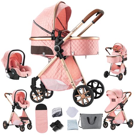 Luxury Baby Stroller 3 in 1 Travel Systems High Profile Foldable Reclining Newborn Pram,Pushchair,Unisex(Pink)