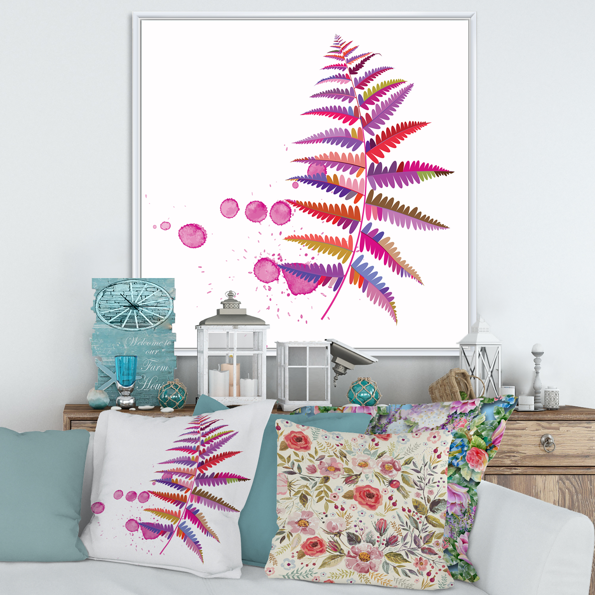 Designart 'Purple Fern With Purple Splash' Farmhouse Framed Canvas Wall Art Print