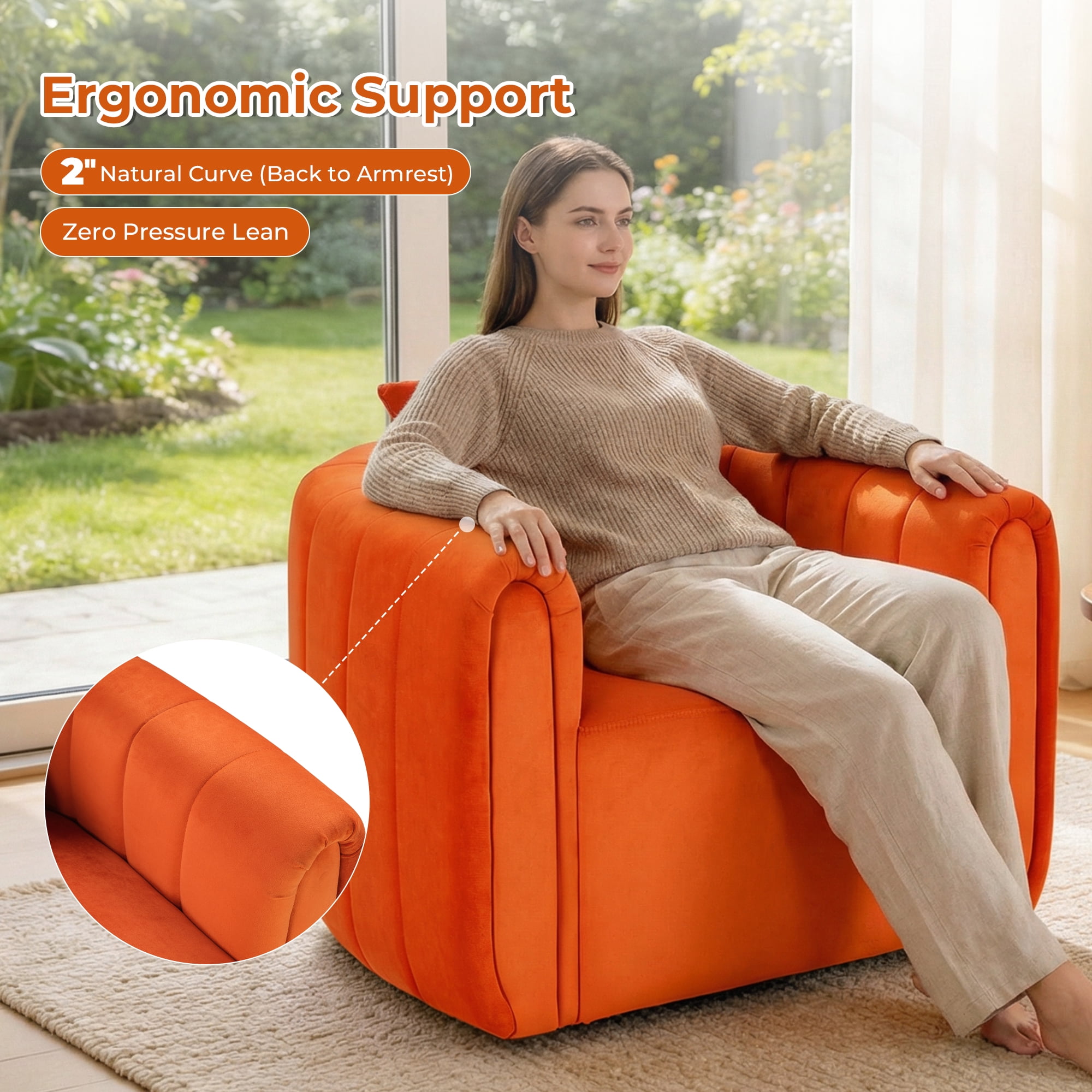 Ebello Swivel Accent Chair, Modern Velvet Living Room Chair with Pillow, Barrel Chair for Bedroom & Reading Corner (Orange,2 Pack，Fully Assembled )