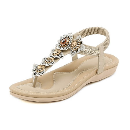 

Thong Flat Sandals Casual Beaded Flower Rhinestone T Strap Dress Sandals Adjustable Ankle Buckle Dress Thong Sandals for Women Summer Wedding