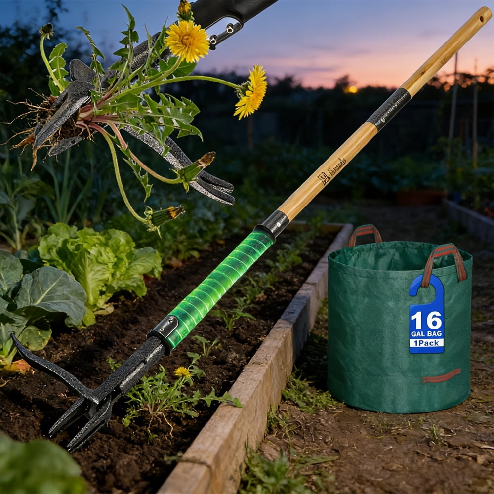 Stand Up Weed Puller With Large Collection Bag, Heavy Duty 4-Claw No-Bend Weeding Tool, Ergonomic Long Handle Root Remover For Lawn & Yard, Effortless Garden Maintenance Kit